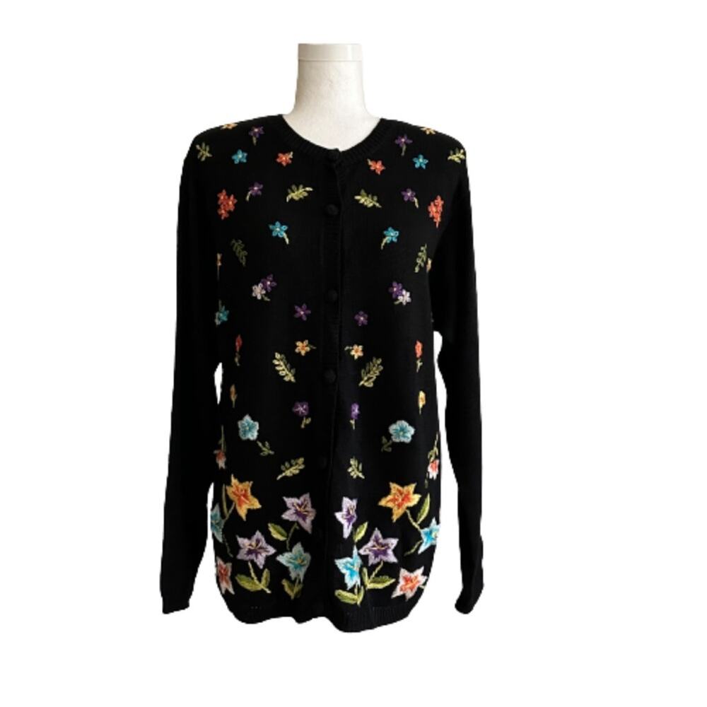 Vintage Panther Cardigan Sweater Black Multicolor Floral Embroidery Medium NEW
